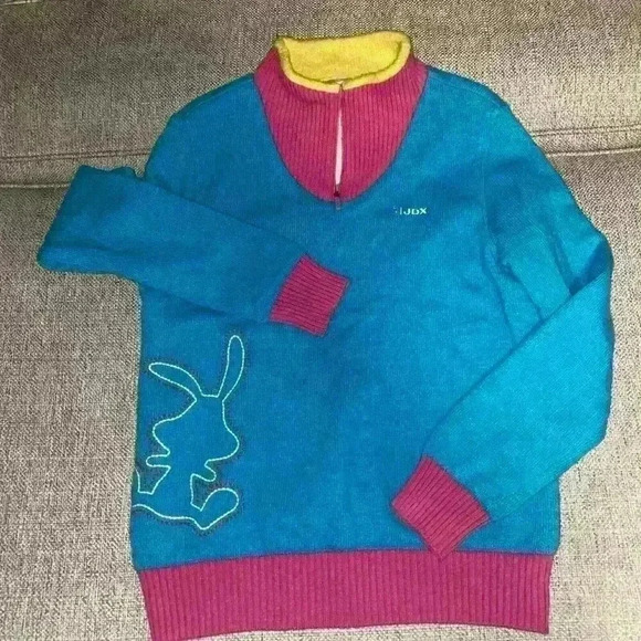 JDX 1/4 Zip Pullover Sweater Lined Wool Blue Pink Bunny Design Sz Large. sku070 - Picture 1 of 6